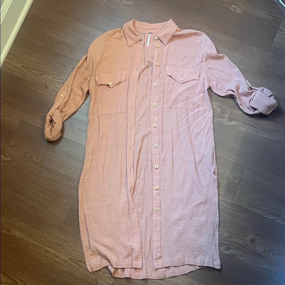 Free People Blush Pink Button-Front Long Sleeve Shirt Dress